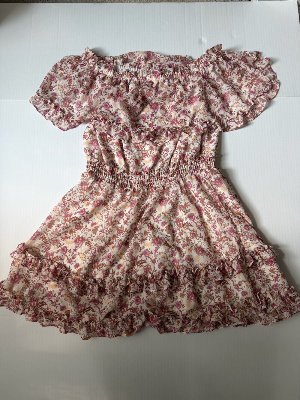 Jessica Simpson Cream and Pink Floral Off-Shoulder Kids Dress